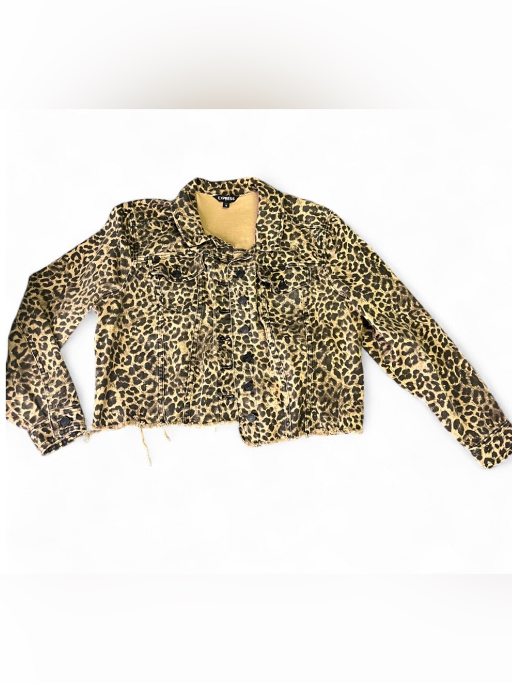 Express Leopard Cheetah Print Distressed Raw Hem Denim Trucker Jacket XL